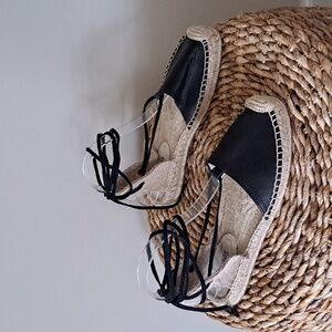 Soludos Womens Classic Black Leather Ankle Lace‎ Up Low Platform Espadrilles S-8